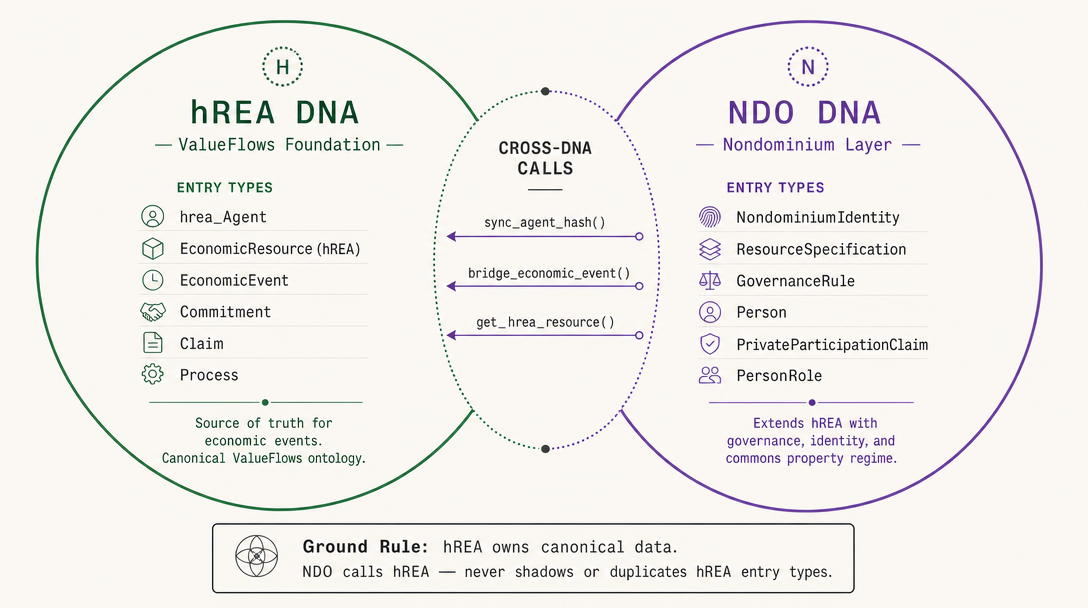 Dual-DNA architecture — hREA DNA owns canonical ValueFlows data, NDO DNA extends with governance and identity