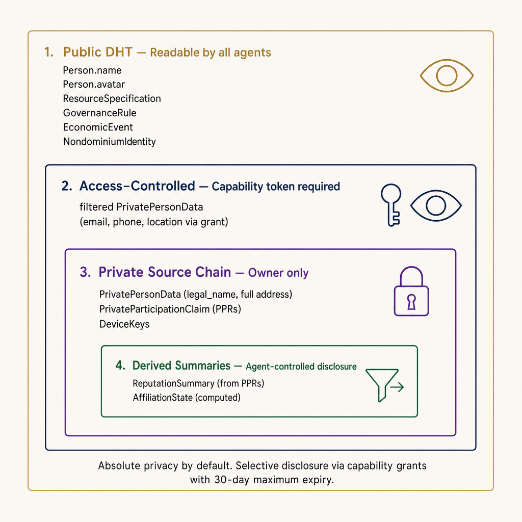 Four-layer privacy model — public DHT, access-controlled, private source chain, derived summaries