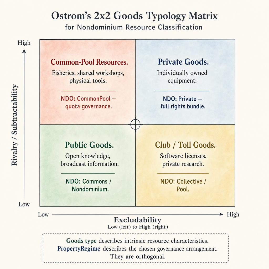 Goods typology 2×2 matrix — excludability × rivalry with NDO PropertyRegime mapping