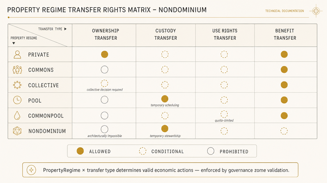 Property regime transfer rights matrix — which transfer types are allowed, conditional, or prohibited per regime